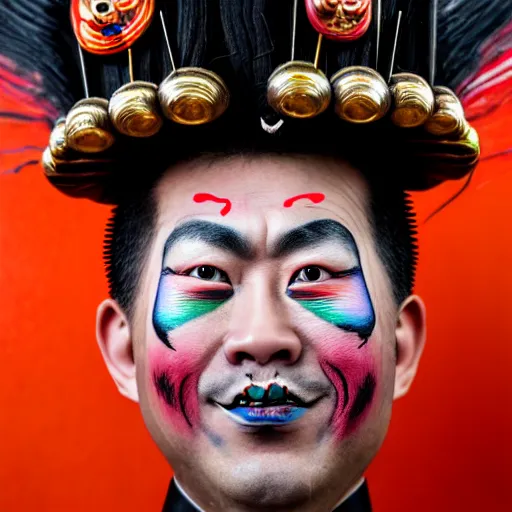 Image similar to photorealistic portrait photograph of a crazy army general with painted face as in chinese peking opera and rastafarian color hair with spikes and rings in pierced face ears and nose like punks