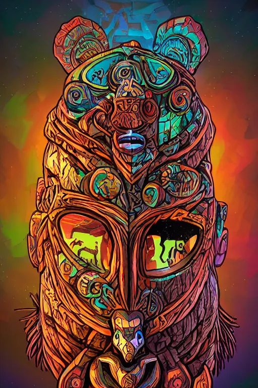 Image similar to totem animal tribal chaman vodoo mask feather gemstone plant wood rock video game illustration vivid color borderlands by josan gonzales and dan mumford radiating a glowing aura