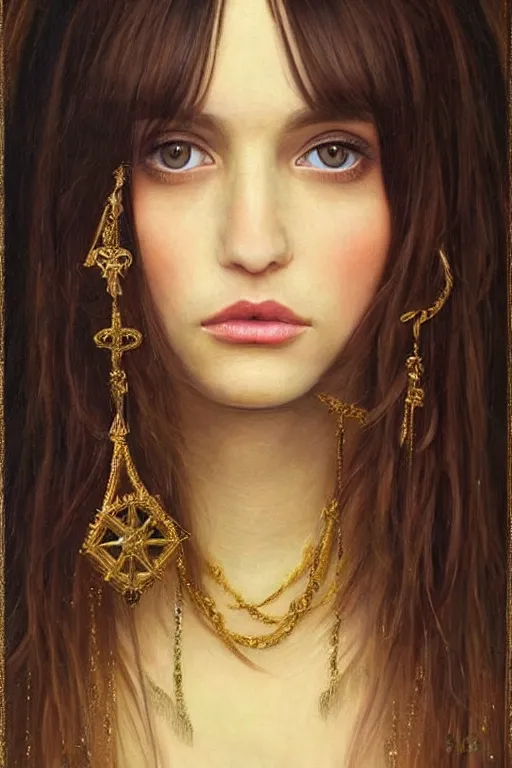 Image similar to hyper realistic painting portrait of brunette with bangs, intrincate ornaments, gold decoration, caligraphy, occult art, illuminated manuscript, oil painting, art noveau