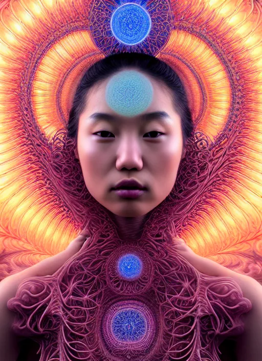 Prompt: ridiculously beautiful young asian woman tripping by irakli nadar, several layers of coral and light fractals radiating behind with sacred geometry, cosmic, natural, awakening, symmetrical, in the style of ernst haeckel and alex grey, effervescent, warm, photo realistic, epic and cinematic
