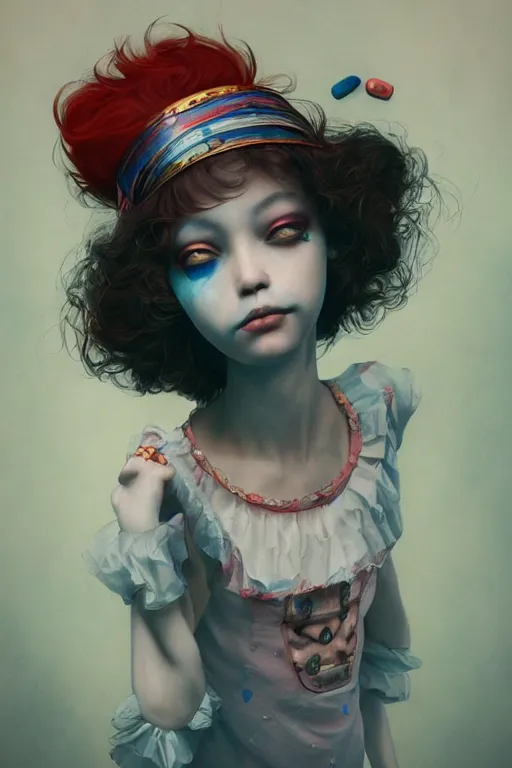 Image similar to breathtaking detailed painting of clown girl , with anxious, piercing eyes, Atari game cover art by Hsiao-Ron Cheng, James jean, Miho Hirano, Hayao Miyazaki, extremely moody lighting, hyperrealistic, octane render, RPG portrait, ambient light, dynamic lighting