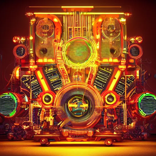 Image similar to album cover, album is called tripmachine, tripmachine, photo of a huge steampunk machine made of guitars and drums and pianos, connected with glowing tubes 8 k, fluorescent colors, halluzinogenic, multicolored, exaggerated detailed, front shot, 3 d render, octane