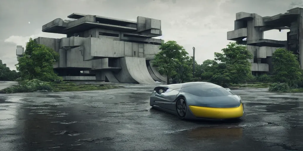 Prompt: highly detailed futuristic car, on the background brutalist architecture by Le Corbusier, abandoned buildings, empty streetscapes, surrounded by lush green vegetation, ground-level view, puddles of water, stunning volumetric lighting, sunset, trending on Artstation, 8k, photorealistic, hyper detailed, unreal engine 5, cinematic, epic lighting, cryengine, octane render, cyberpunk, red and orange glow, dark, gloomy