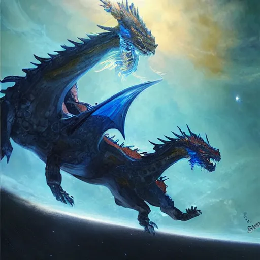 Prompt: prompt blue crystalline European dragon devouring a planet, space, planets, moons, sun system, nebula, oil painting, by Fernanda Suarez and and Edgar Maxence and greg rutkowski