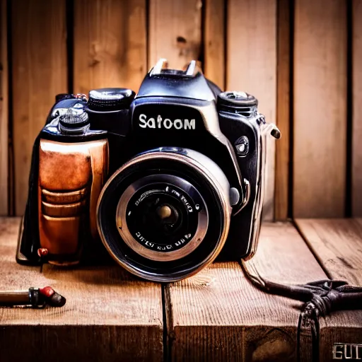 Image similar to a steampunk dslr camera on a wooden table, studio light, edge lit, detailed, product photography