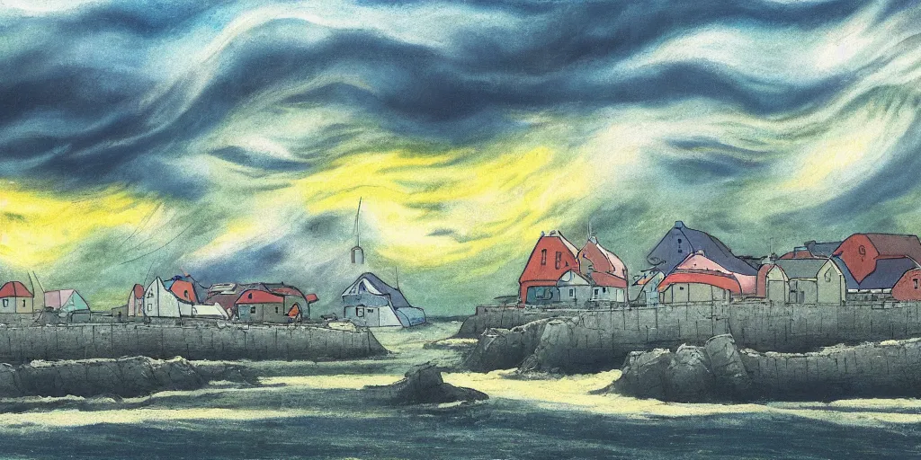 Prompt: a beautiful painting of a icelandic fishing village, storm clouds gathering over the town, by studio ghibli 8 k pastel colours, smeared watercolours, golden light film grain