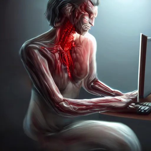 Prompt: a computer made out of flesh, computer made out of human flesh, skin on the gaming pc, personal computer horror, server, electronic, skinned alive, blood, teeth, intricate, highly detailed, digital painting, artstation, concept art, smooth, sharp focus, illustration,