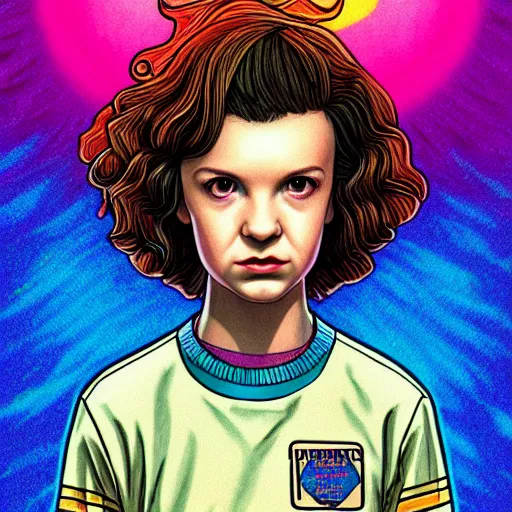 Prompt: portrait of eleven from stranger things by jeremiah ketner, flowers, details, hair texture