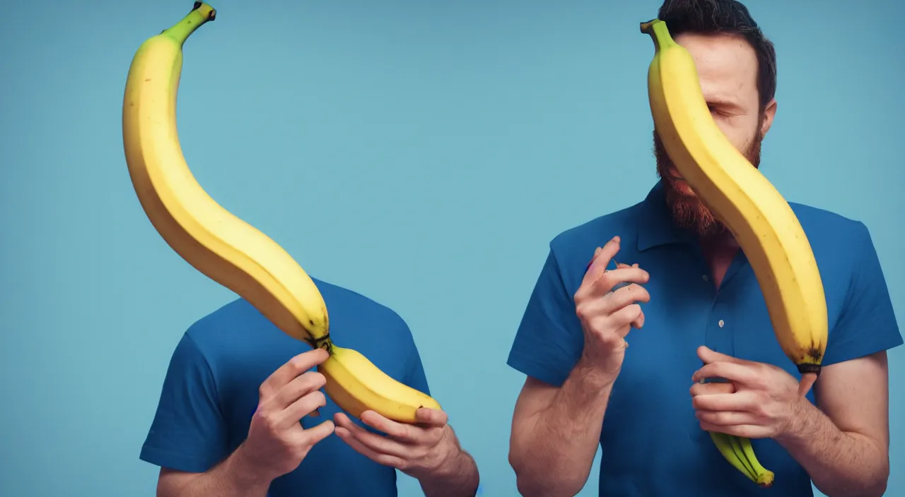 Prompt: A man eating banana, octane render, blue hue, retro wave,