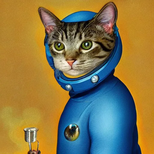 Image similar to head and shoulders masterpiece portrait of a cute adorable cat wearing a blue spacesuit, surreal background, digital art, by hieronymus bosch, trending on artstation, cgsociety,