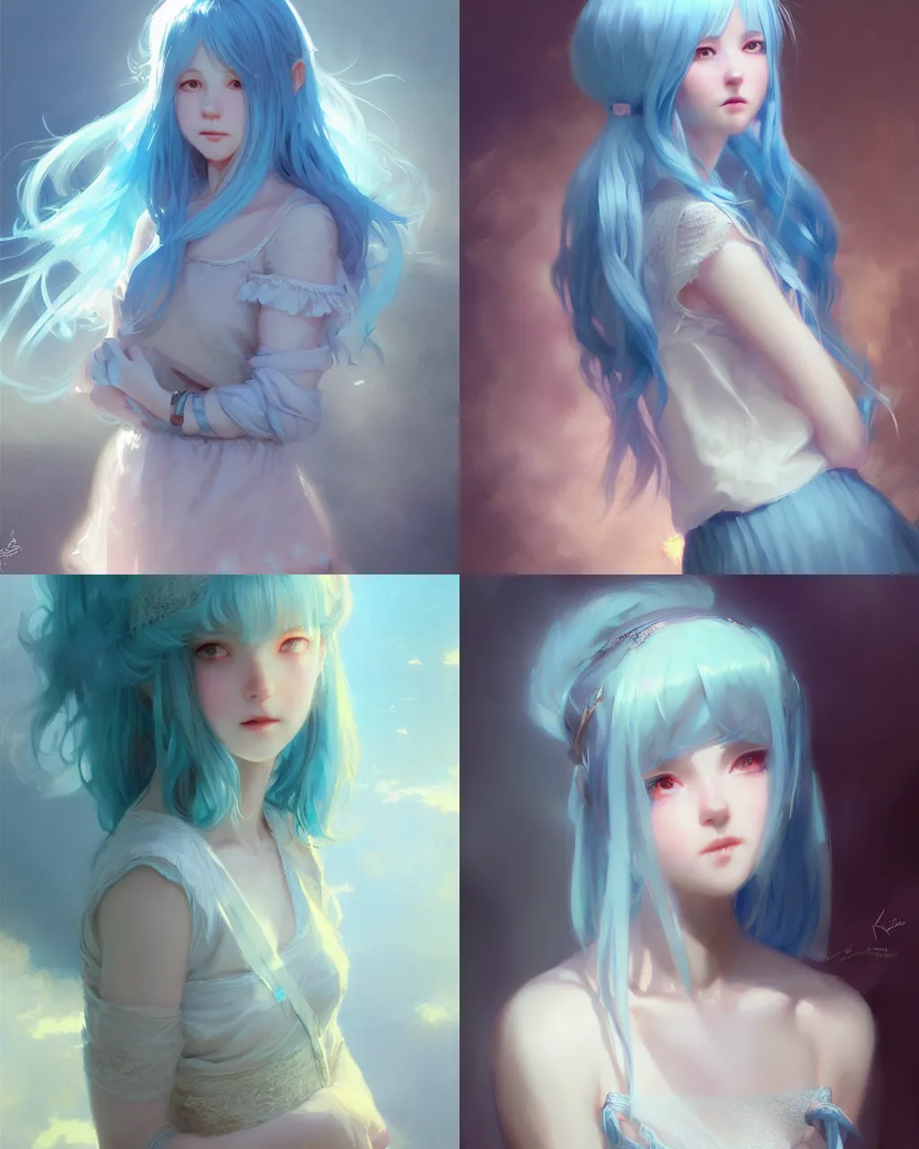Prompt: girl with light blue hair and lace skirt, portrait, illustration, rim light, top light, perfectly shaded, soft painting, art by krenz cushart and wenjun lin