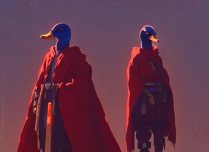 Prompt: cyberpunk mallard duck wearing red cultist robe, details, futuristic, epic, sacrificial altar, landscape illustration concept art anime key visual trending pixiv fanbox by wlop and greg rutkowski and makoto shinkai and studio ghibli and kyoto animation symmetrical facial features