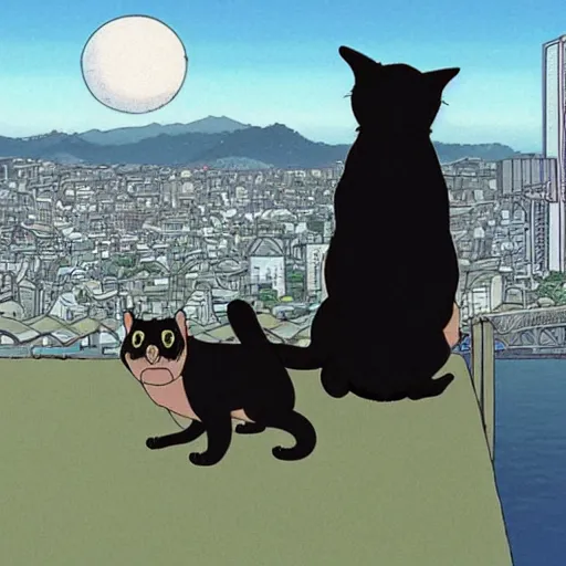 Prompt: a black cat and pug dog hold hands and look out over a city, Miyazaki, studio ghibli