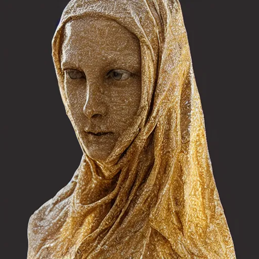 Image similar to a masterpiece marble sculpture of the veiled virgin, subsurface cracks, !dramatic !face, !female, covered in intricate !detailed golden !!streaked veil , physically based rendering, ultra photo realistic, cinematic lighting , dark background by Dan Hillier