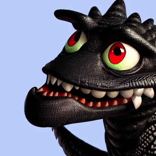 Image similar to black dragon new pixar dreamworks character, highly detailed, extremely high quality, hd, 4 k, 8 k, professional photographer, 4 0 mp, lifelike, top - rated, award winning, cinematic, realistic, detailed lighting, detailed shadows, sharp, no blur, edited, corrected, trending - w 8 3 2