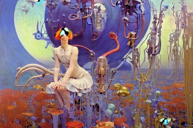 Prompt: realistic extremely detailed portrait painting of alice in wonderland, futuristic sci-fi landscape on background by Jean Delville, Amano, Yves Tanguy, Ilya Repin, Alphonse Mucha, Ernst Haeckel, Edward Robert Hughes, Roger Dean, rich moody colours, blue eyes