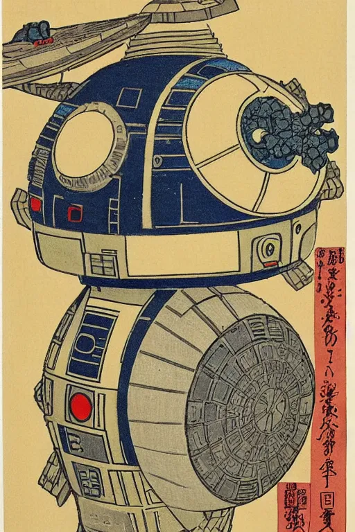 Image similar to Japanese woodblock print of r2d2 , hokusai