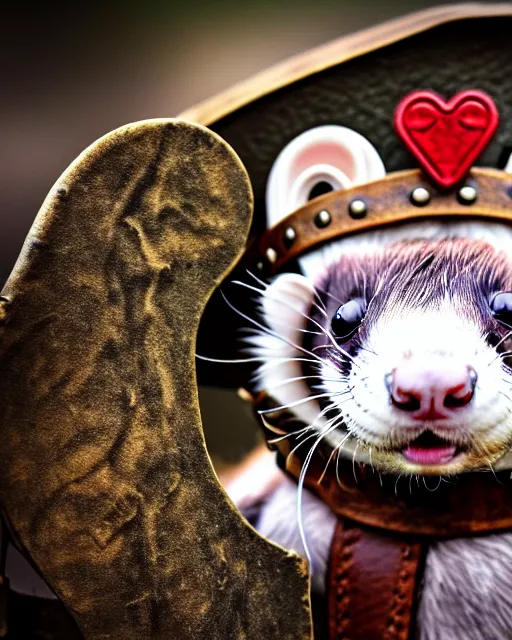 Image similar to ferret love warrior, furry, fantasy, viking, high detailed, hearts, photography, cloudy, lightweight leather armour, scandinavia, plain, detailed face, look into the distance, serious face, full body, in full growth, professional photographer, masterpiece, 5 0 mm, extremely detailed, digital art 8 k