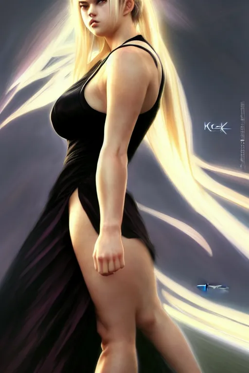 Prompt: Tekken 4 fighter anime Stunning Portrait Kate Upton with long black dress, blonde long hair, in a fighting stance, digital painting, artstation, concept art, soft light, hdri, smooth, sharp focus, illustration, art by tian zi, craig mullins, Mark Arian, WLOP, alphonse mucha