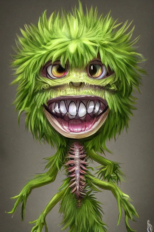 Image similar to a humanoid figure dandelion moss plant monster, large eyes and menacing smile, highly detailed, digital art, sharp focus, trending on art station, anime art style