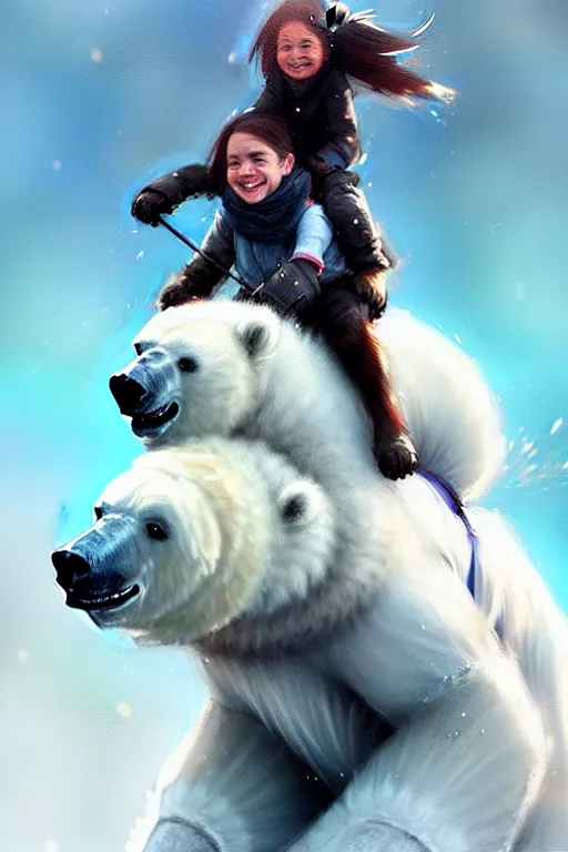 Image similar to tiny girl riding on the back of a giant fluffy polar bear by greg rutkowski