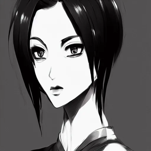 Image similar to slim beautiful killer girl in tuxedo with short black hair, elegant, 2d, ultra highly detailed, digital painting, smooth, sharp focus, artstation, black and white art by Tsutomu Nihei