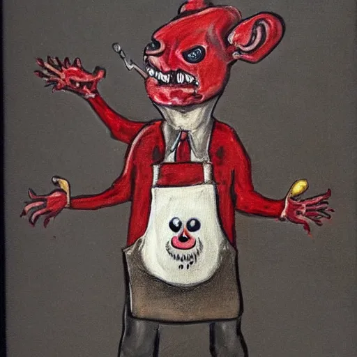 Image similar to an immortal dead hamster in a butcher's suit with an evil face, in an apron covered in blood, holding cleavers in his hands. the hamster has 4 arms. front view. old painting sketch