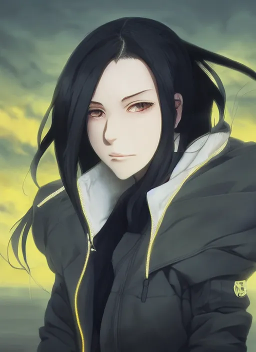 Prompt: black ponytail hair, pale woman in a black zipper jacket, yellow eyes, by artgerm, hair tied in a ponytail, white backdrop, soft lighting, night scene, by greg rutkowski makoto shinkai takashi takeuchi