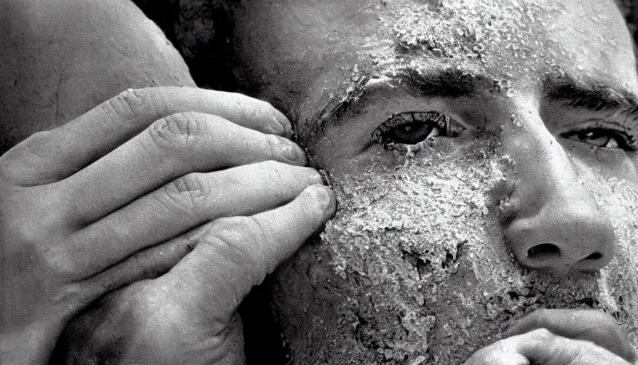 Image similar to 1 9 6 0 s movie still close up of marcus atilius regulus'face with the eyes wide open and ripped off eyelid, his body buried in the sand, cinestill 8 0 0 t 3 5 mm b & w, high quality, heavy grain, high detail, texture, dramatic light, anamorphic, hyperrealistic, detailed hair