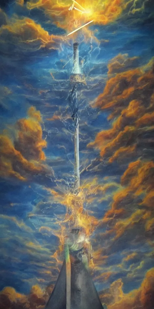 Image similar to the tower tarot card, airbrush sky realistic stormcloud with glimpses of flares