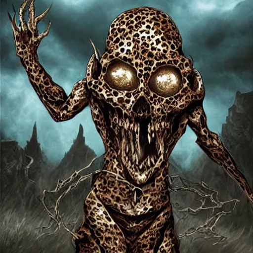 Prompt: Skull that look too much like skull!, crypt lurker!!, grasp of darkness!!!, pitchburn devils, giant terrestrial starfish!!!!!, 8k CG character rendering of a spider-like hunting female on its back, fangs extended, wearing a leopard-patterned dress, set against a white background, with textured hair and skin.