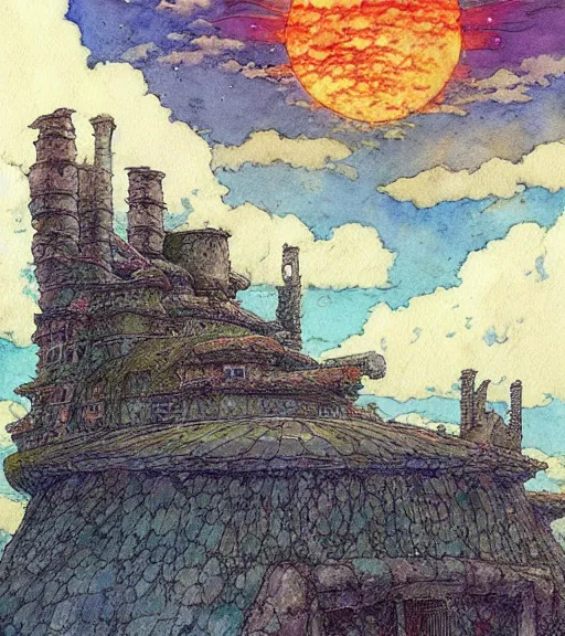 Image similar to hyperrealist studio ghibli watercolor fantasy concept art of an immense earthship solar home from howl's moving castle sitting on stonehenge like a stool. it is a misty starry night. by rebecca guay, michael kaluta, charles vess