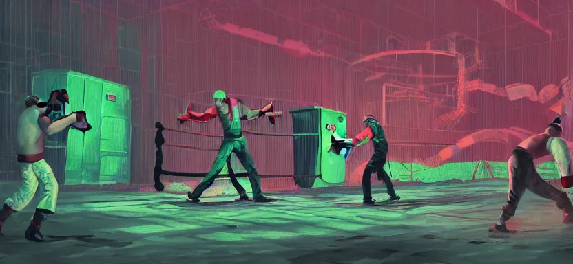 Image similar to handmade illustration of a violent boxing match in an industrial room, line art, octane render with volumetric lighting, architectural illustration by cedric peyraavernay, waste processing machinery, bladerunner, green and red radioactive swamp, by Remedios Varo and Anato Finnstark and Greg Rutkowski, dayglo pink, dayglo blue, dazzle camouflage, 8k, trending on ArtStation