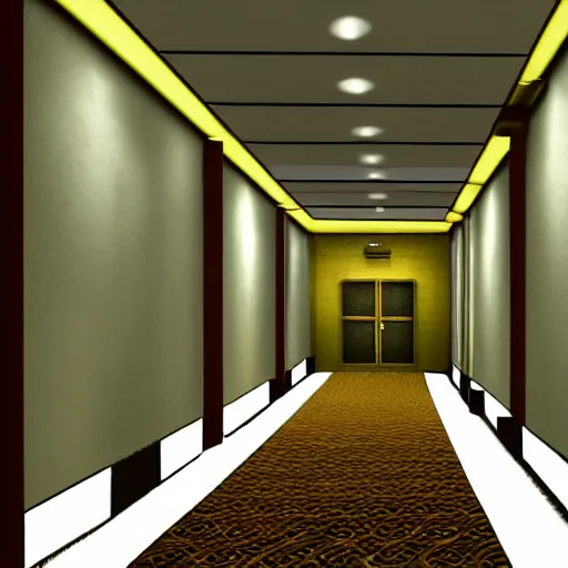 Prompt: hotel hallway from a playstation 1 game, low poly graphics, liminal space