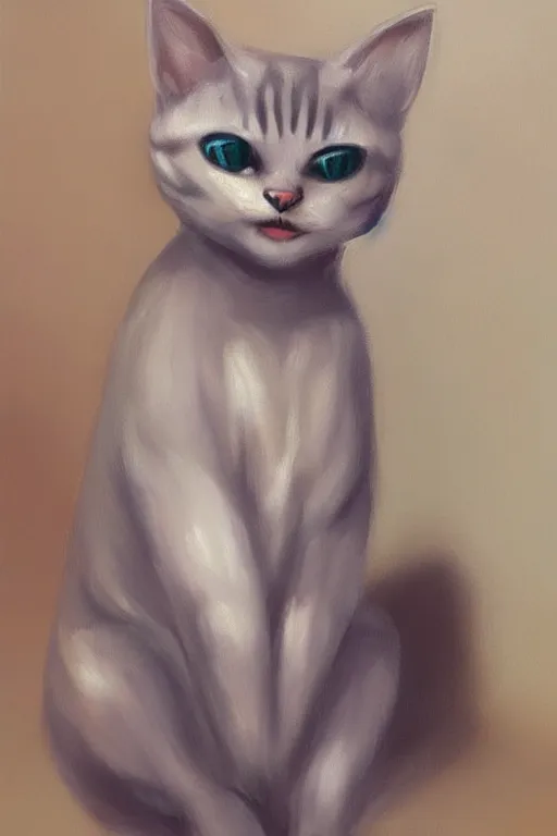 Prompt: a fullbody pose of humanoid cat, beautiful clean oil painting a anthropomorphic cat, pinterest, artstation trending, behance, silver, laser light, trending on furaffinity, backlighting, cartoon, by kawacy