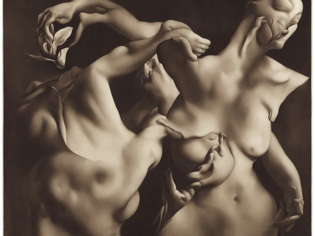 Image similar to hypnotizing orchid at the chest of a woman. Painting by Georges de la Tour, Karl Blossfeldt