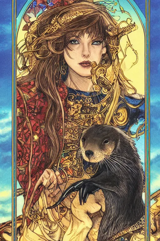 Image similar to Rider-Waite Tarot card: The Lady and the Otter, illustrated by Ayami Kojima, artstation, concept art, 4k