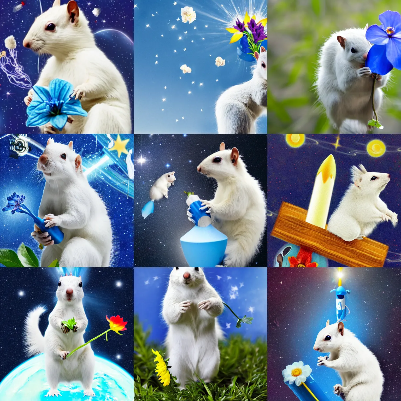 Prompt: photograph of a white squirrel riding a rocket in space with a blue flower in his hands