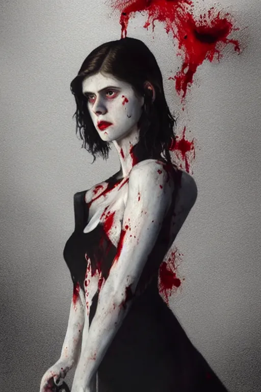 Image similar to pale woman!, covered with blood, alexandra daddario face!!, black dress made of black bones, long red hair, blue eyes, ultra realistic, concept art, intricate details, highly detailed, photorealistic, octane render, 8 k, unreal engine. retro film still, heavy grain, 3 5 mm, art by artgerm and greg rutkowski and alphonse mucha