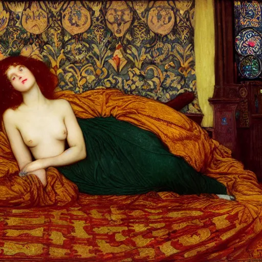 Image similar to preraphaelite photography reclining on bed, a hybrid of judy garland and eleanor of aquitaine, aged 2 5, big brown fringe, yellow ochre ornate medieval dress, john william waterhouse, kilian eng, rosetti, john everett millais, william holman hunt, william morris, 4 k