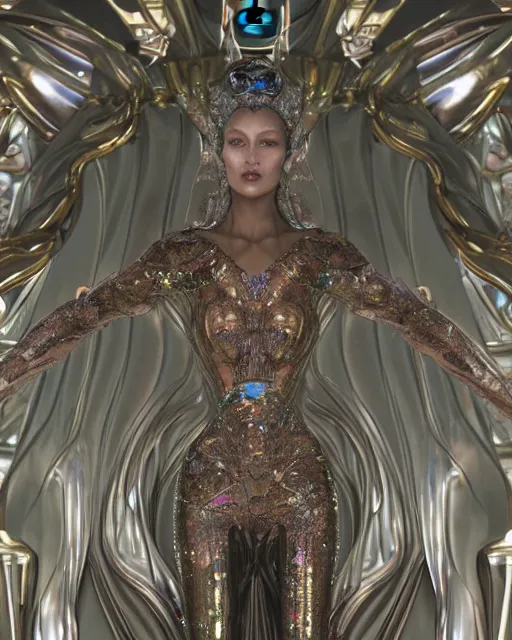 Image similar to a highly detailed metahuman 4 k close up render of an alien goddess bella hadid monument renaissance in iris van herpen dress schiaparelli in diamonds crystals swarovski and jewelry iridescent in style of alphonse mucha gustav klimt trending on artstation made in unreal engine 4