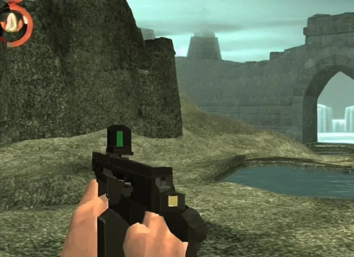 Image similar to a lonely temple next to an ancient city. screenshot of goldeneye. nintendo 6 4 ( 1 9 9 6 )