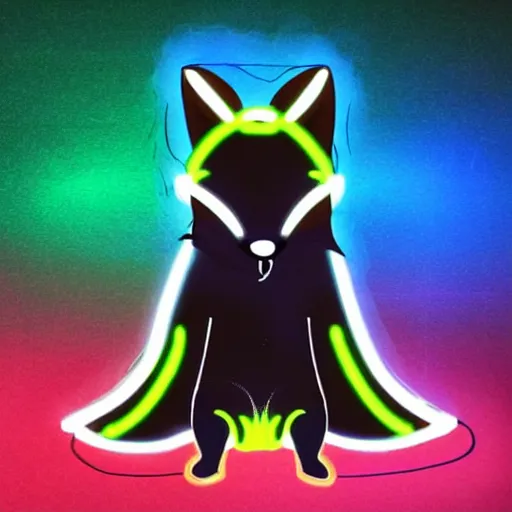 Prompt: a fox wearing a black hoodie with glowing neon stripes, in the style of anime