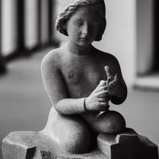 Image similar to a stone statue of a girl playing with a stone phone, 5 0 mm lens, f 1. 4, sharp focus, ethereal, emotionally evoking, head in focus, volumetric lighting, 8 k