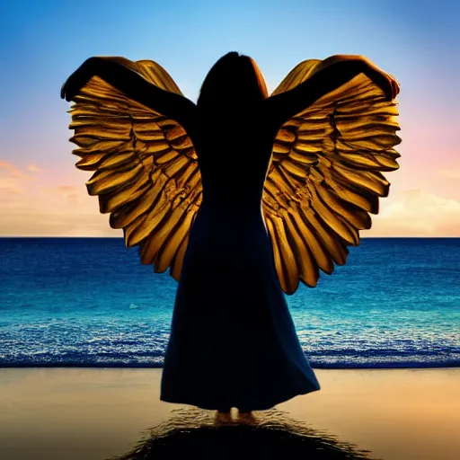 Image similar to young womens in paradise at the sea, golden hour ,joyfulness ,peaceful, holy spirit, joy, guardian angel, space as wall paper, dramatic,,,8k, ultrarealistic , highst resolution