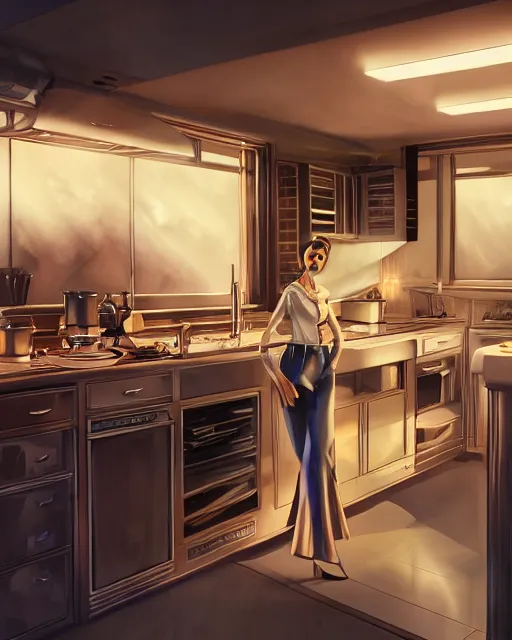 Image similar to kitchen of the 50's in the style of hajime sorayama, volumetric lighting, back lighting, rimlight, dramatic lighting, digital painting, highly detailed, artstation, sharp focus, illustration, Artgerm