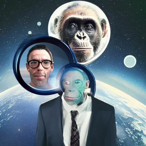 Image similar to double exposure portrait split in the middle of a astronaut and one chimpanzee in a suit posing with space in the background, pencil art, high definition, dynamic lighting stars, sharpness, golden ratio, fibonaci sequence