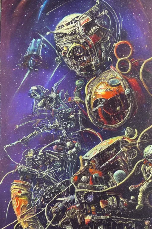 Prompt: space horror by jack vance, mike mignogna, highly detailed, vintage dark sci fi, oil painting