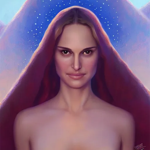 Image similar to a painting of Natalie Portman as the Messiah by Ross Tran, Bruce Timm and Vladimir Kush, highly detailed digital art, holy aura, serene expression