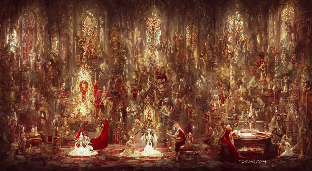 Prompt: divinity painting of throne room with chess ground and the queen sit with long white dress a ruby and white colone like Rom temple stained glass matte Photorealistic cinematic artstation fanart contrast by Jason Felix by Steve Argyle by Tyler Jacobson by Peter Mohrbacher shapen focus instagram filter overlay HDR